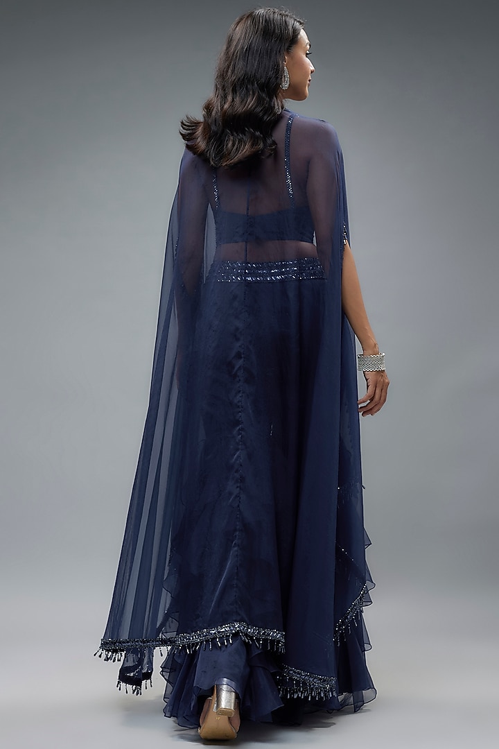 Navy Organza & Raw Silk Sequins Embroidered Cape Set by Kresha Lulla at Pernia's Pop Up Shop