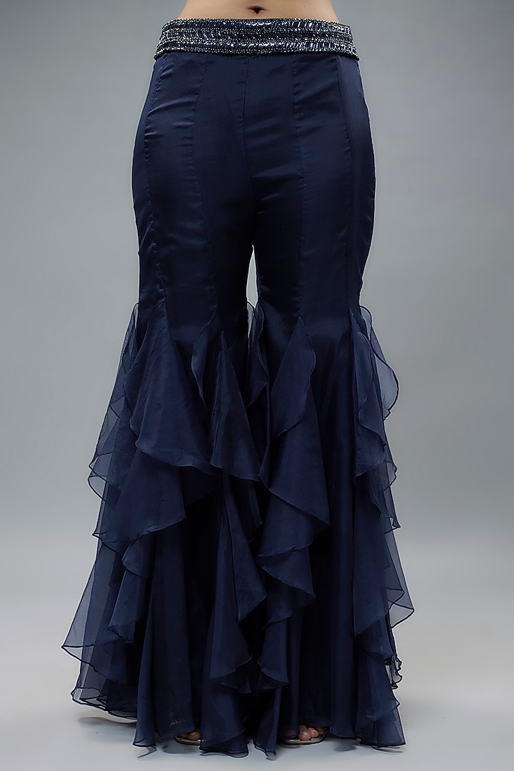 Navy Organza & Raw Silk Sequins Embroidered Cape Set by Kresha Lulla at Pernia's Pop Up Shop