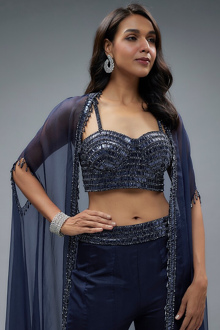 Navy Organza & Raw Silk Sequins Embroidered Cape Set by Kresha Lulla at Pernia's Pop Up Shop