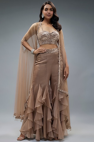 Biscuit Colored Organza & Raw Silk Sequins Embroidered Cape Set by Kresha Lulla