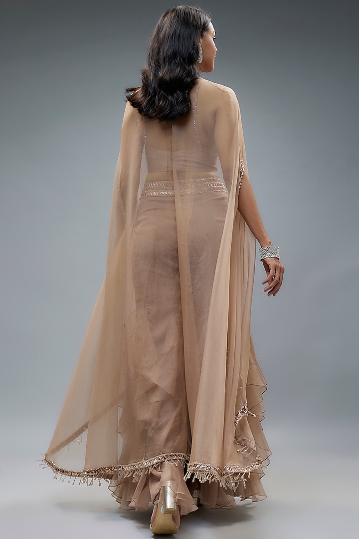 Biscuit Colored Organza & Raw Silk Sequins Embroidered Cape Set by Kresha Lulla at Pernia's Pop Up Shop