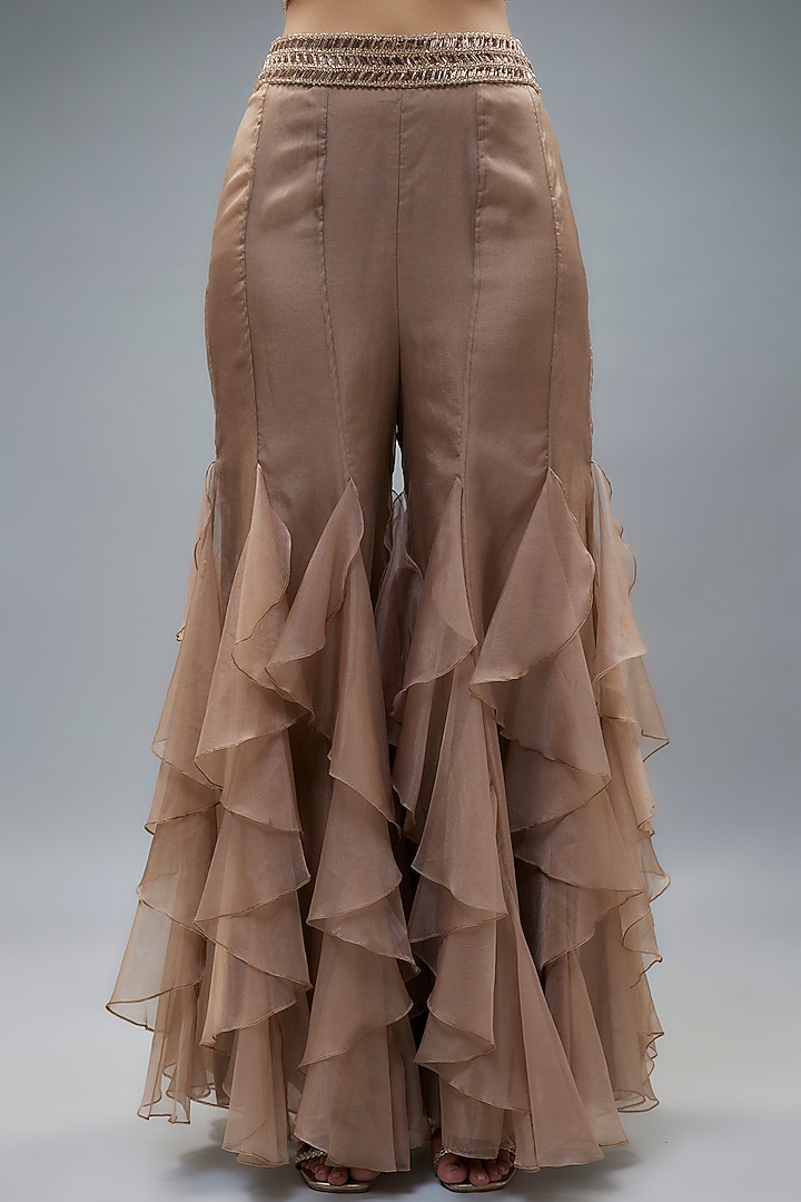 Biscuit Colored Organza & Raw Silk Sequins Embroidered Cape Set by Kresha Lulla at Pernia's Pop Up Shop