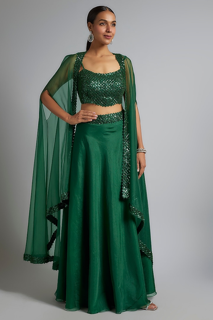 Green Organza Sequins Embroidered Cape Set by Kresha Lulla at Pernia's Pop Up Shop