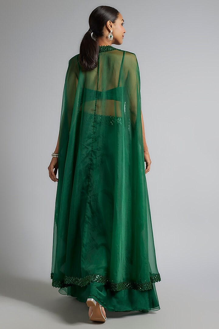 Green Organza Sequins Embroidered Cape Set by Kresha Lulla at Pernia's Pop Up Shop