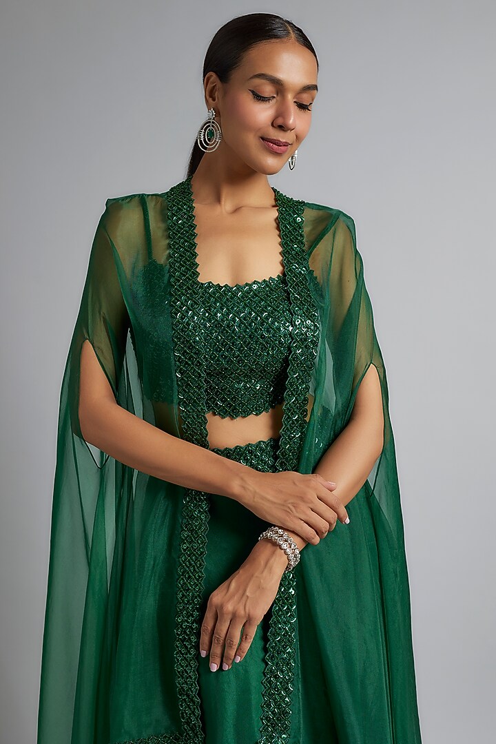 Green Organza Sequins Embroidered Cape Set by Kresha Lulla at Pernia's Pop Up Shop