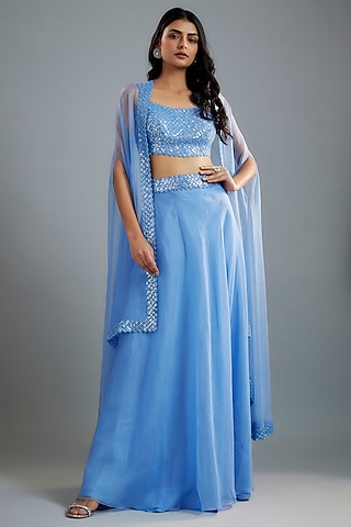 Periwinkle Blue Organza & Raw Silk Sequins Embroidered Cape Set by Kresha Lulla