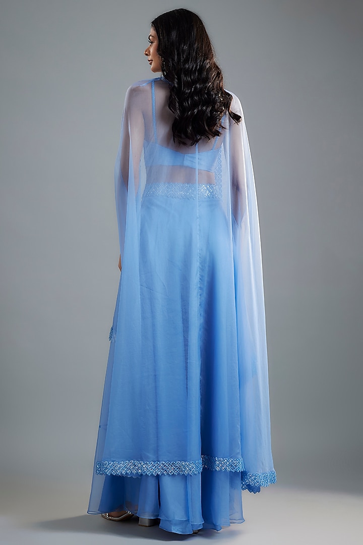 Periwinkle Blue Organza & Raw Silk Sequins Embroidered Cape Set by Kresha Lulla at Pernia's Pop Up Shop