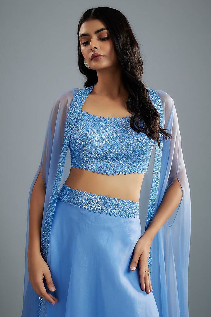 Periwinkle Blue Organza & Raw Silk Sequins Embroidered Cape Set by Kresha Lulla at Pernia's Pop Up Shop