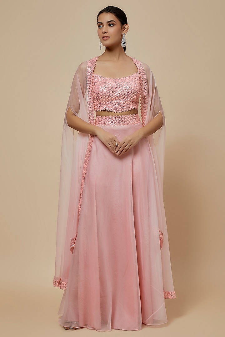 Pastel Pink Organza Sequins Embroidered Cape Set by Kresha Lulla at Pernia's Pop Up Shop