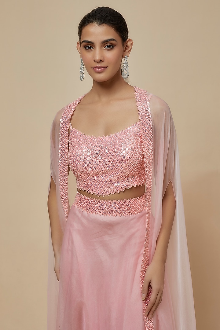Pastel Pink Organza Sequins Embroidered Cape Set by Kresha Lulla at Pernia's Pop Up Shop