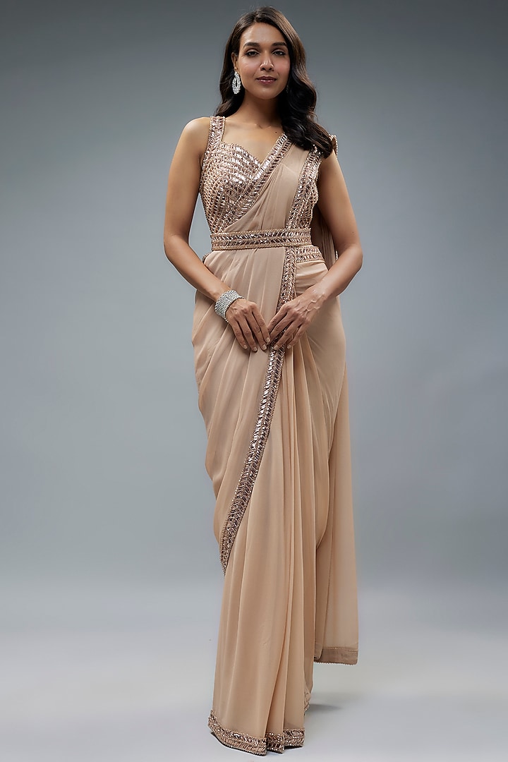 Beige Georgette Sequins Embroidered Saree Set by Kresha Lulla at Pernia's Pop Up Shop