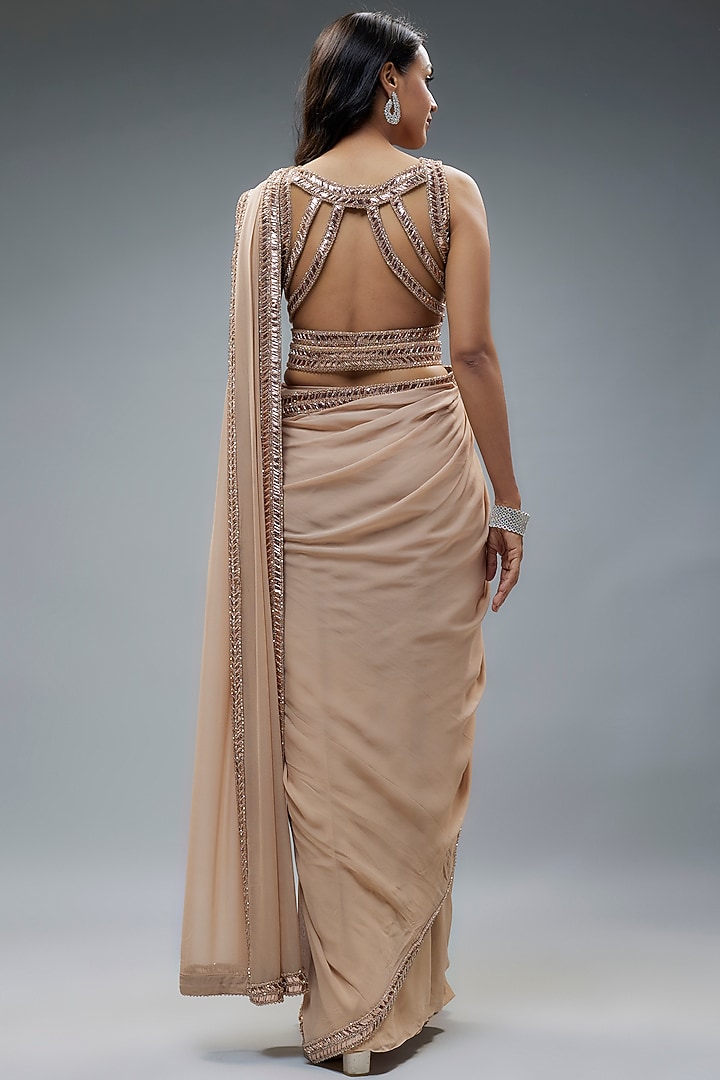 Beige Georgette Sequins Embroidered Reception Saree Set by Kresha Lulla at Pernia's Pop Up Shop