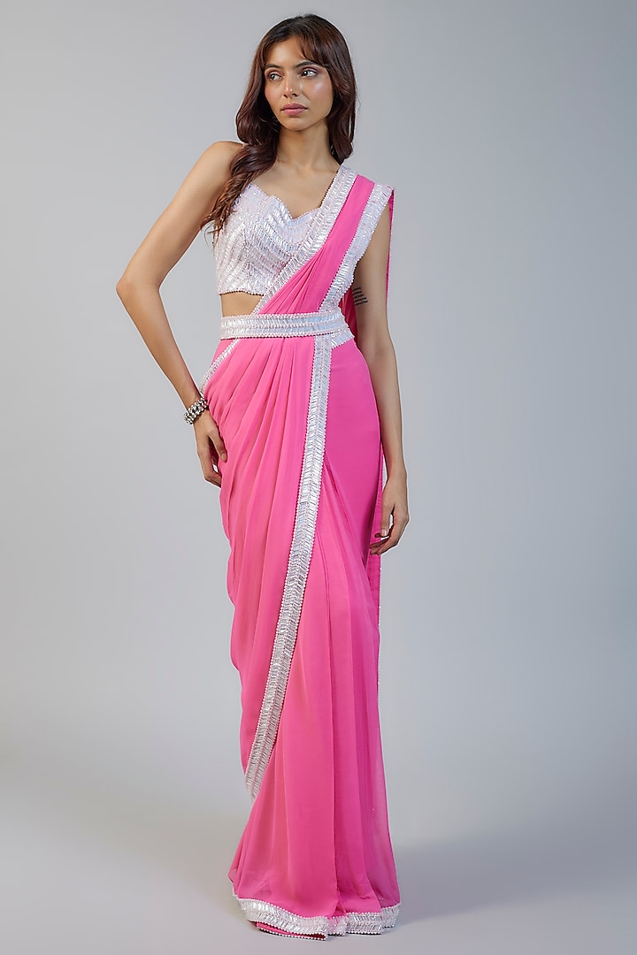 Bubble Gum Pink Georgette & Raw Silk Sequins Embroidered Saree Set by Kresha Lulla