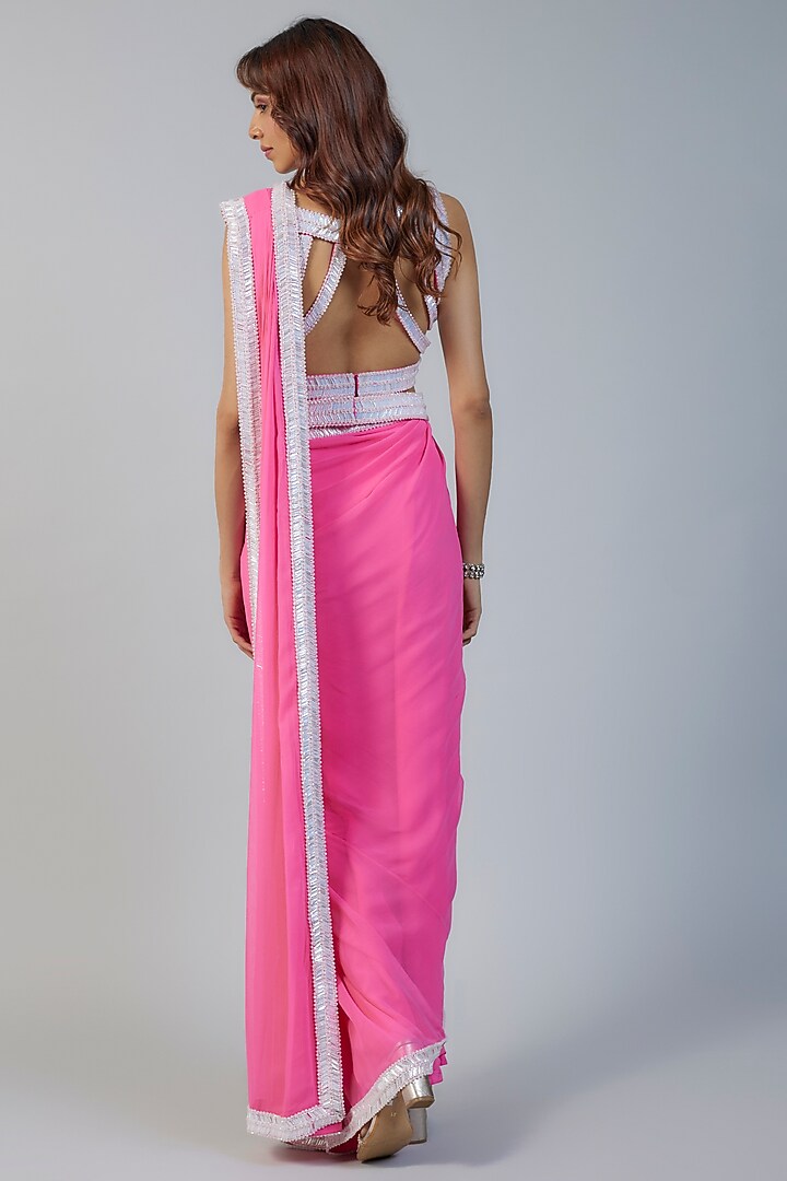 Bubble Gum Pink Georgette & Raw Silk Sequins Embroidered Reception Saree Set by Kresha Lulla at Pernia's Pop Up Shop