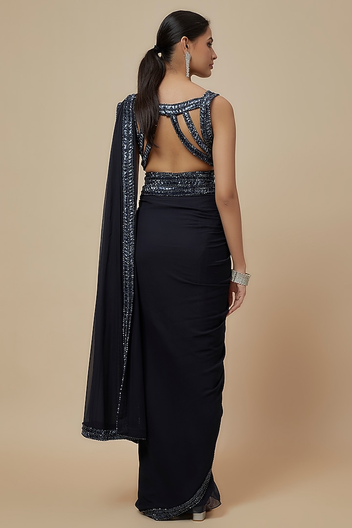 Navy Blue Georgette Sequins Embroidered Reception Saree Set by Kresha Lulla at Pernia's Pop Up Shop
