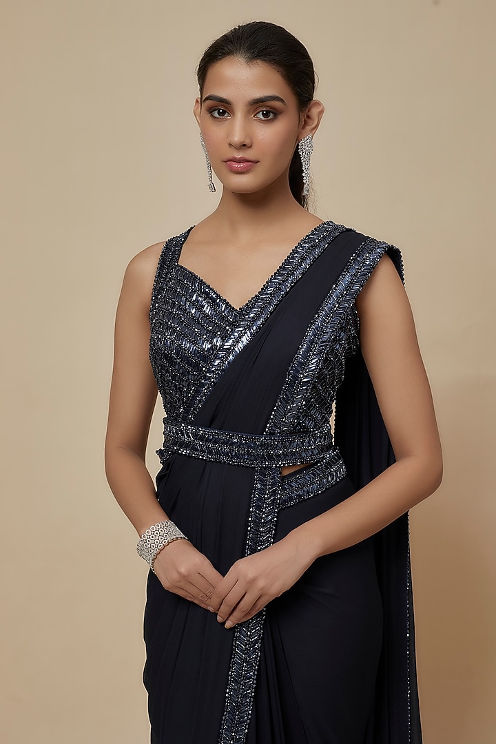 Navy Blue Georgette Sequins Embroidered Reception Saree Set by Kresha Lulla at Pernia's Pop Up Shop