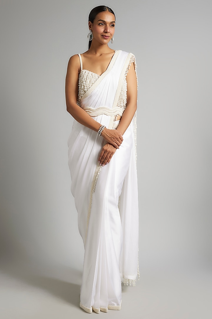 Ivory Satin & Raw Silk Pearl Embroidered Saree Set by Kresha Lulla