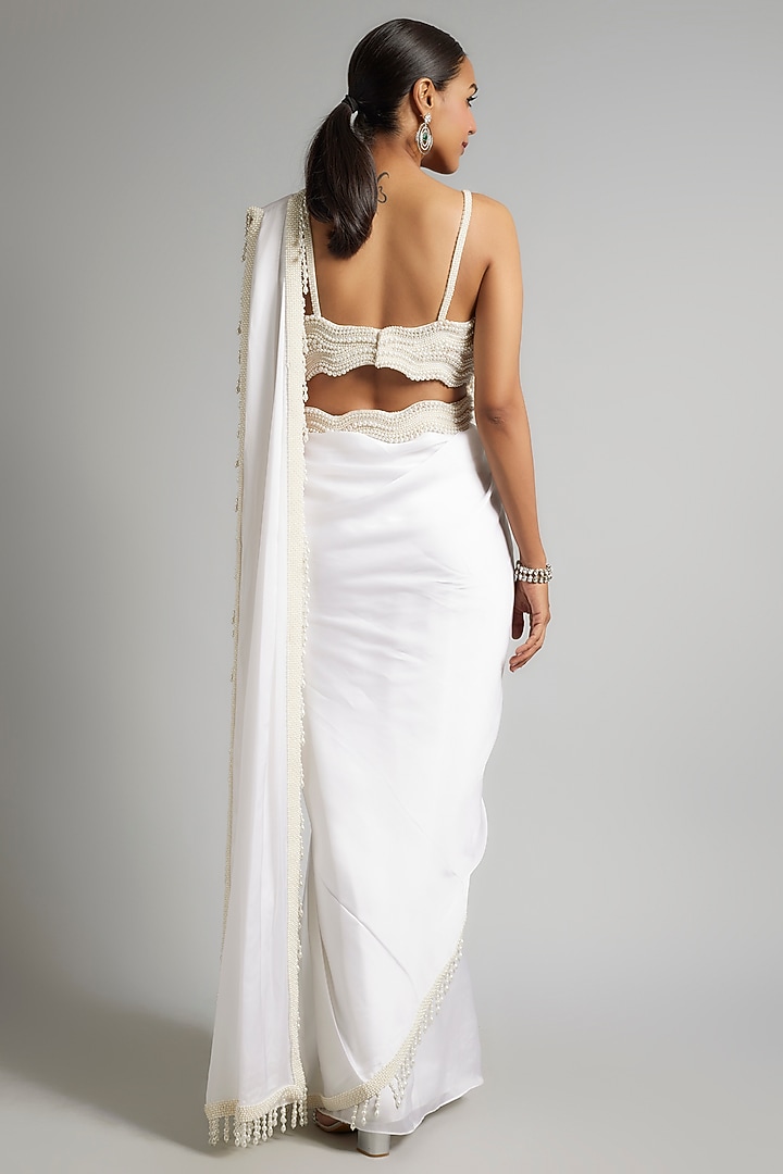 Ivory Satin & Raw Silk Pearl Embroidered Reception Saree Set by Kresha Lulla at Pernia's Pop Up Shop
