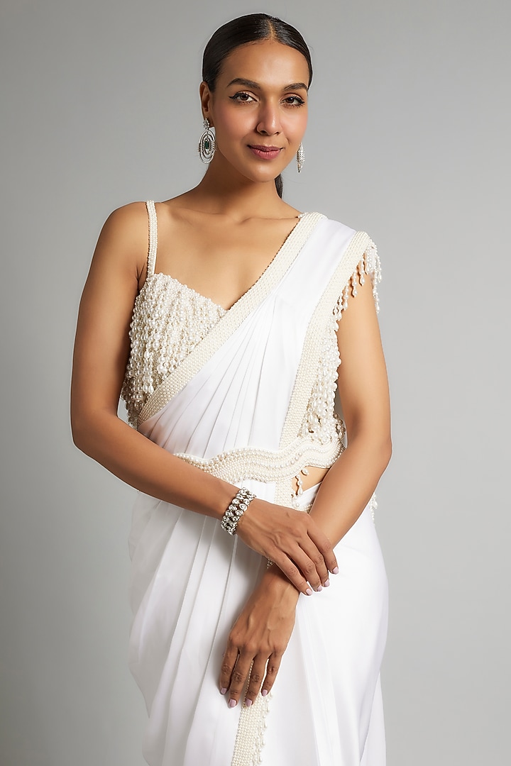 Ivory Satin & Raw Silk Pearl Embroidered Reception Saree Set by Kresha Lulla at Pernia's Pop Up Shop