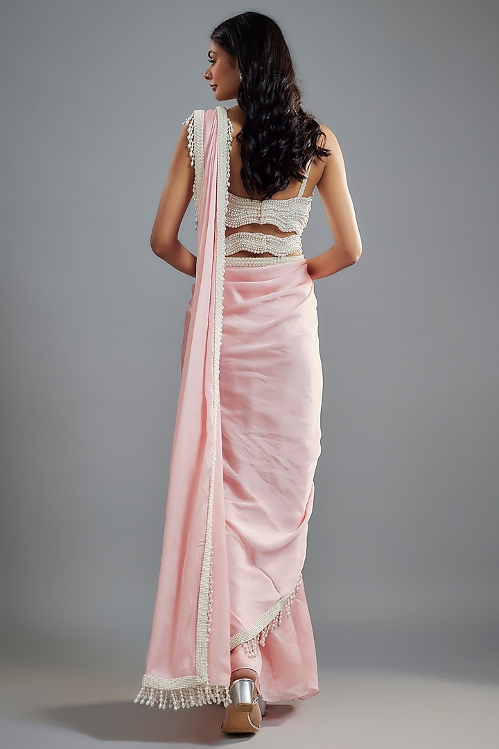 Blush Pink Satin Pearls Embroidered Reception Saree Set by Kresha Lulla at Pernia's Pop Up Shop