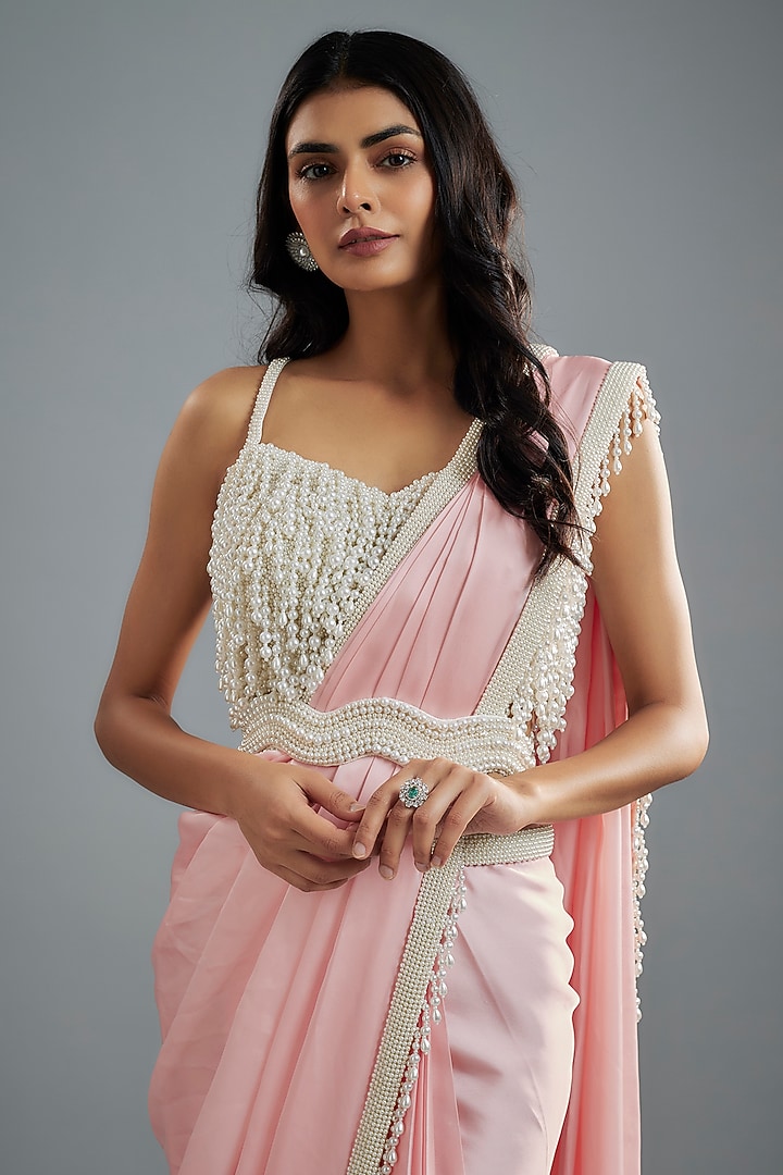 Blush Pink Satin Pearls Embroidered Reception Saree Set by Kresha Lulla at Pernia's Pop Up Shop