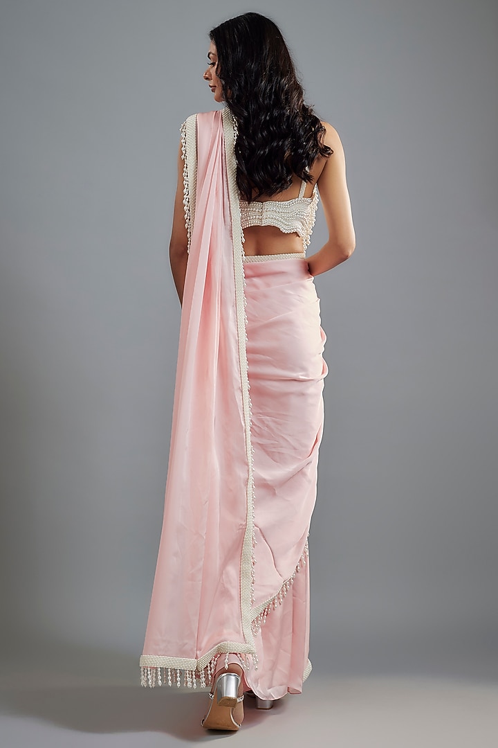 Blush Pink Satin Pearls Embroidered Reception Saree Set by Kresha Lulla at Pernia's Pop Up Shop