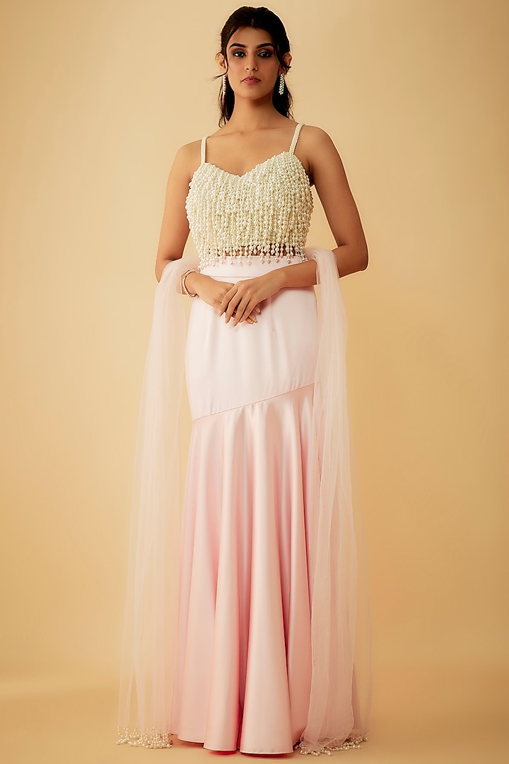 Blush Pink Satin Fish-Cut Wedding Lehenga Set by Kresha Lulla at Pernia's Pop Up Shop