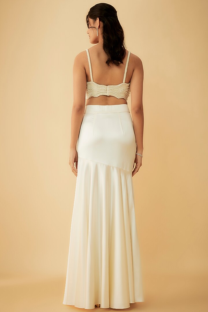 Ivory Satin Fish-Cut Wedding Lehenga Set by Kresha Lulla at Pernia's Pop Up Shop