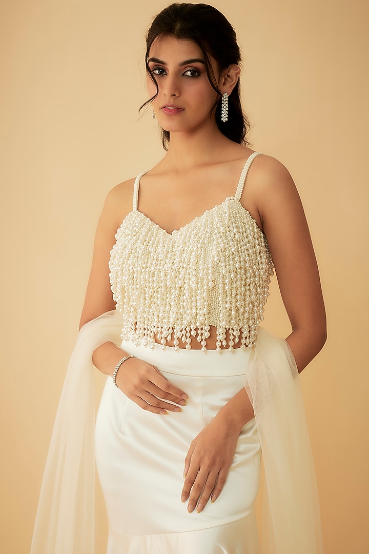 Ivory Satin Fish-Cut Wedding Lehenga Set by Kresha Lulla at Pernia's Pop Up Shop
