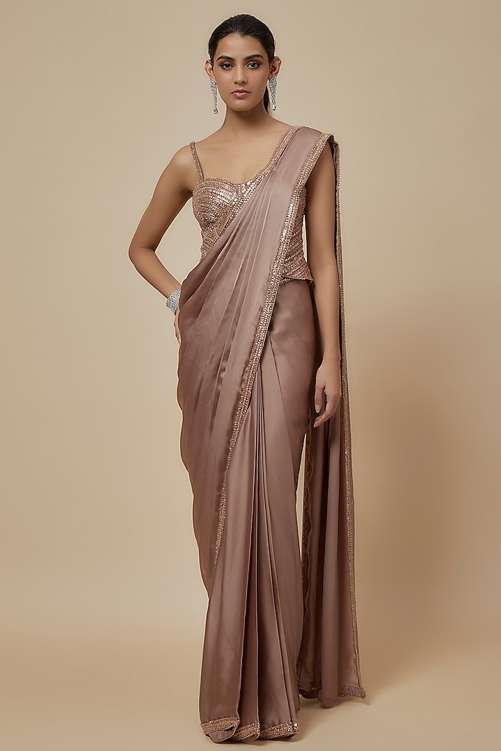 Champagne Gold Satin Sequins Embroidered Saree Set by Kresha Lulla at Pernia's Pop Up Shop