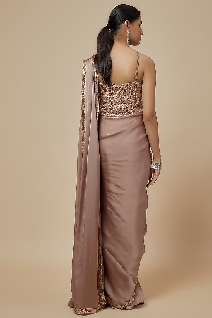 Champagne Gold Satin Sequins Embroidered Reception Saree Set by Kresha Lulla at Pernia's Pop Up Shop
