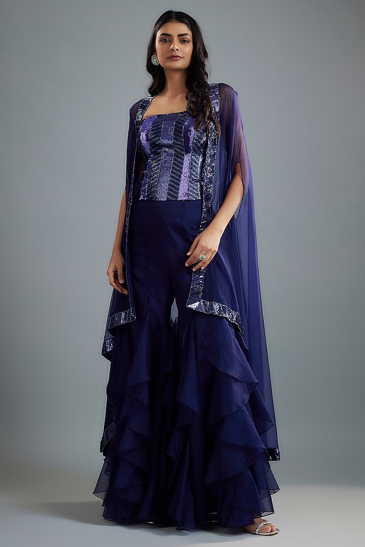 Navy Blue Organza & Raw Silk Sequins Embroidered Cape Set by Kresha Lulla at Pernia's Pop Up Shop