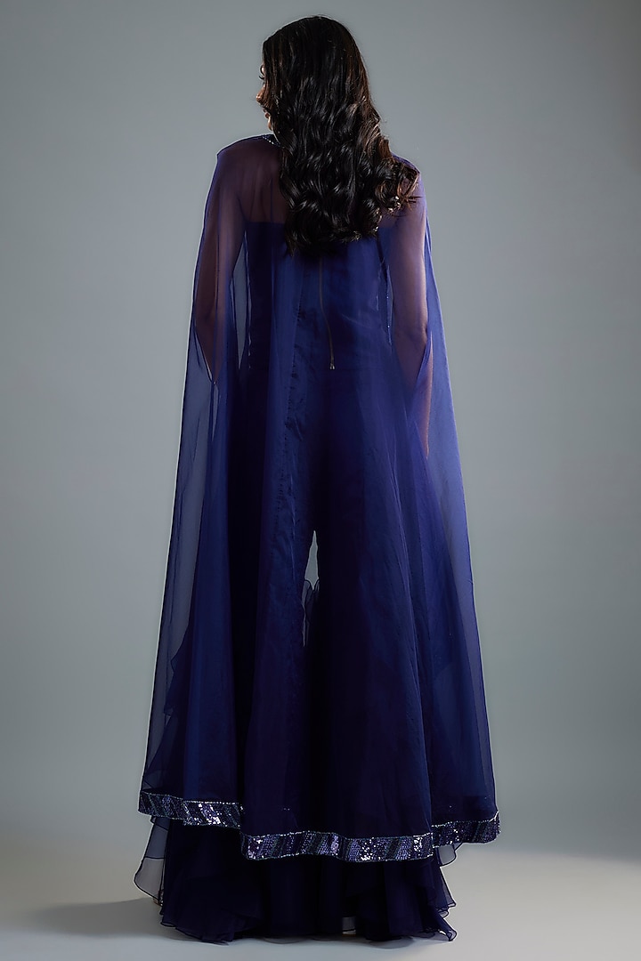 Navy Blue Organza & Raw Silk Sequins Embroidered Cape Set by Kresha Lulla at Pernia's Pop Up Shop