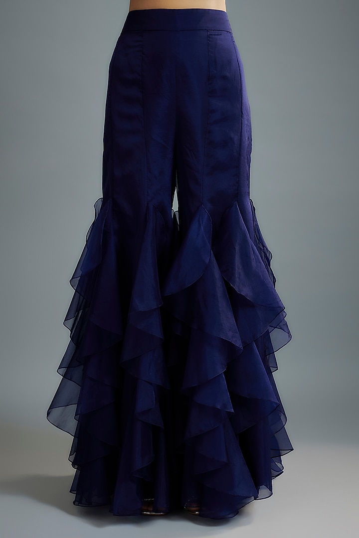 Navy Blue Organza & Raw Silk Sequins Embroidered Cape Set by Kresha Lulla at Pernia's Pop Up Shop