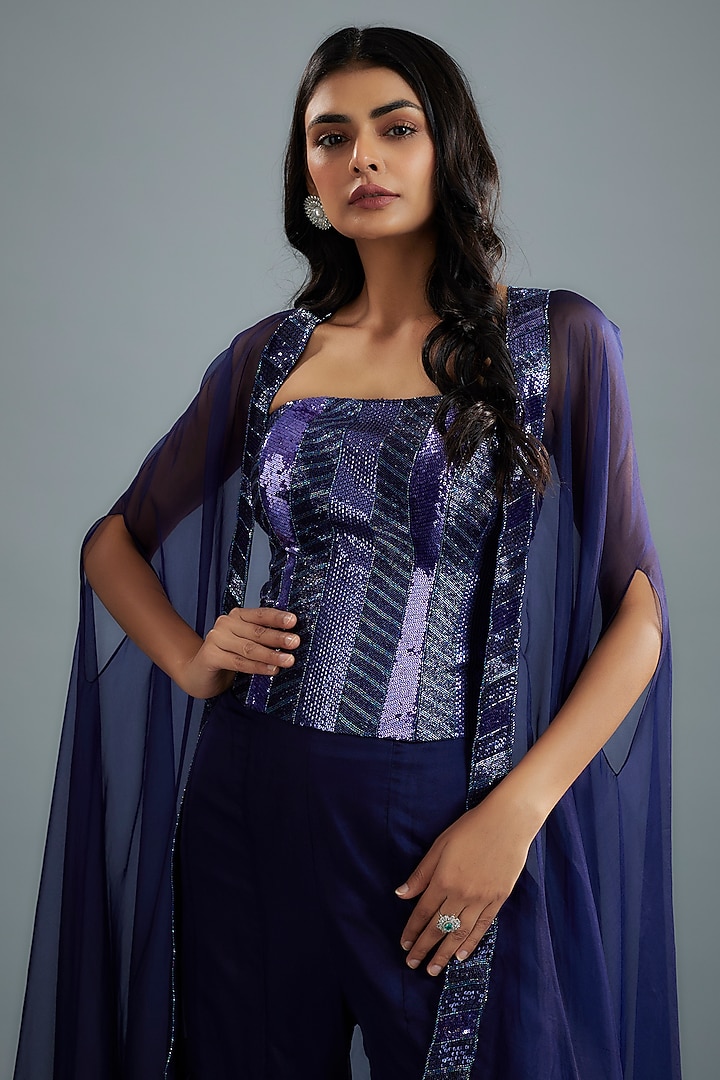 Navy Blue Organza & Raw Silk Sequins Embroidered Cape Set by Kresha Lulla at Pernia's Pop Up Shop