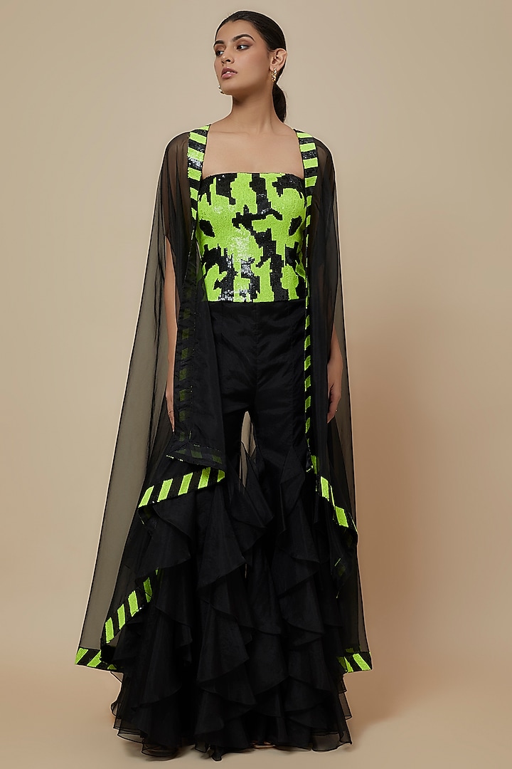 Neon & Black Organza Cape Set by Kresha Lulla at Pernia's Pop Up Shop