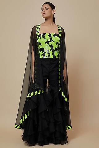 Neon & Black Organza Cape Set by Kresha Lulla