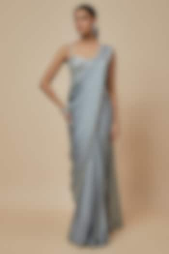 Silver Satin Sequins Embroidered Saree Set by Kresha Lulla at Pernia's Pop Up Shop