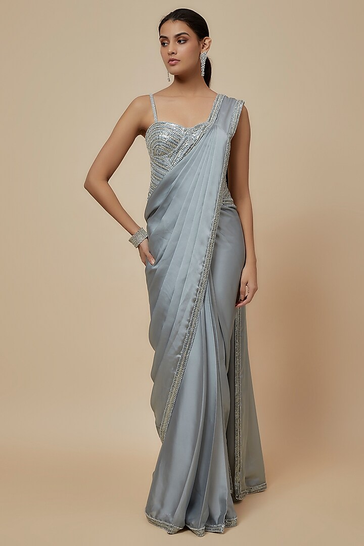 Silver Satin Sequins Embroidered Saree Set by Kresha Lulla at Pernia's Pop Up Shop