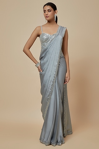 Silver Satin Sequins Embroidered Saree Set by Kresha Lulla