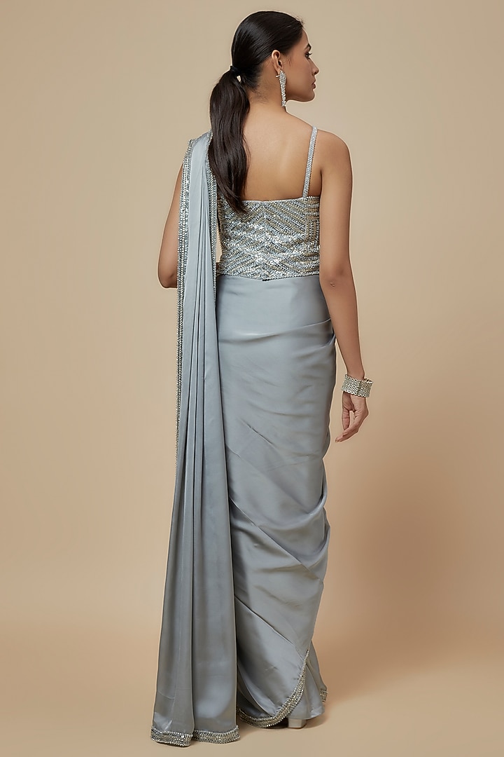 Silver Satin Sequins Embroidered Reception Saree Set by Kresha Lulla at Pernia's Pop Up Shop