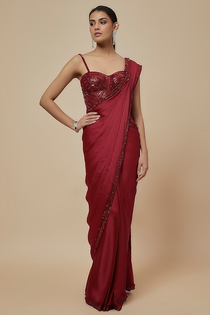 Red Satin Sequins Embroidered Saree Set by Kresha Lulla at Pernia's Pop Up Shop