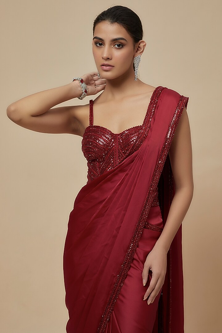 Red Satin Sequins Embroidered Reception Saree Set by Kresha Lulla at Pernia's Pop Up Shop