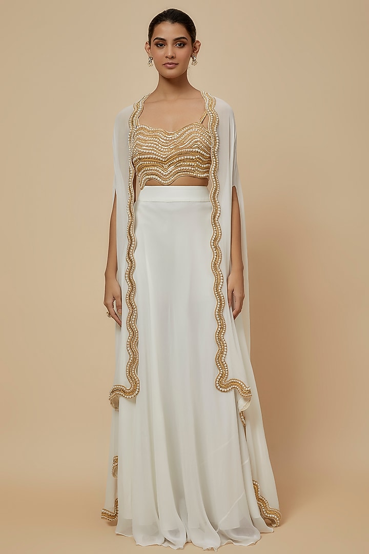 Ivory Georgette Pearl & Bead Embroidered Cape Set by Kresha Lulla at Pernia's Pop Up Shop