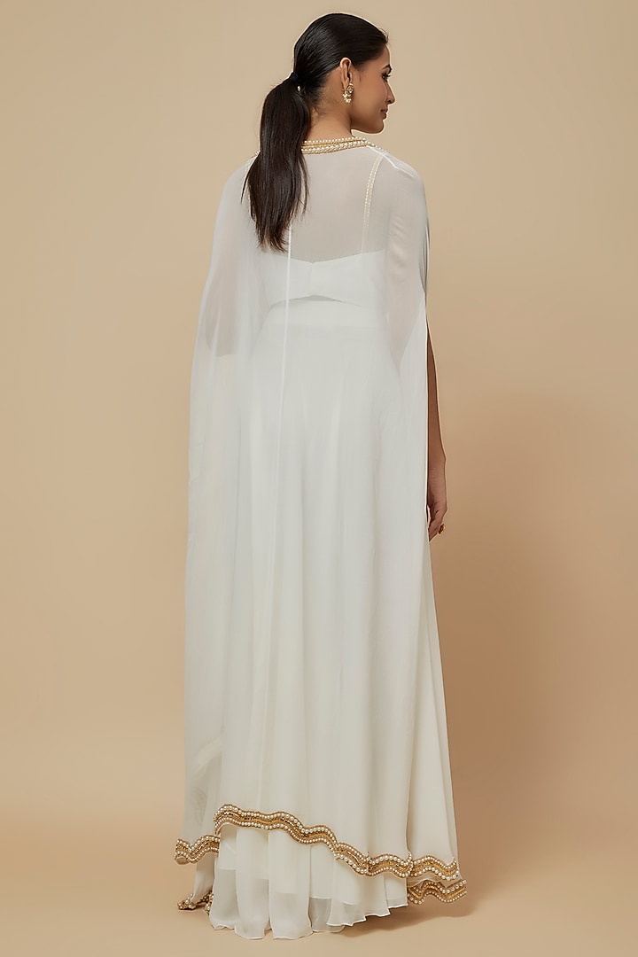 Ivory Georgette Pearl & Bead Embroidered Cape Set by Kresha Lulla at Pernia's Pop Up Shop