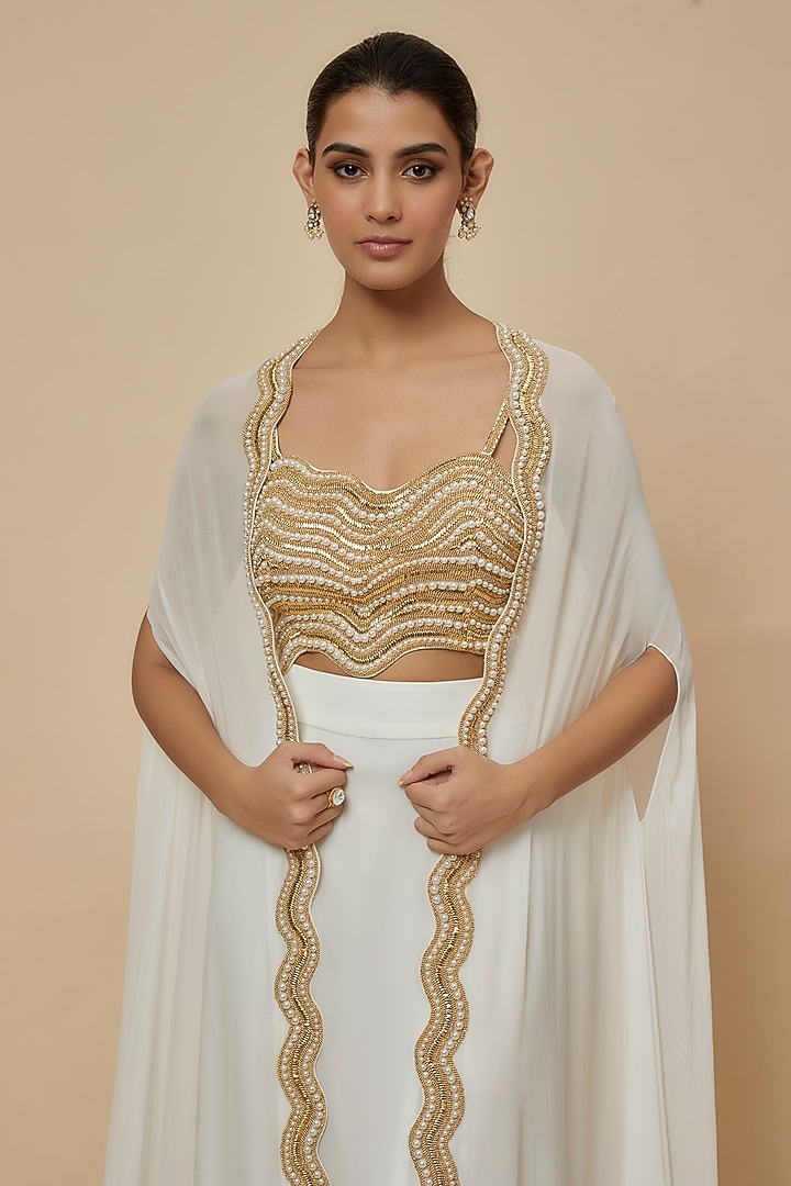 Ivory Georgette Pearl & Bead Embroidered Cape Set by Kresha Lulla at Pernia's Pop Up Shop