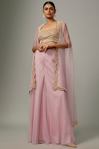 Lilac Raw Silk Weaves Embroidered Cape Set by Kresha Lulla