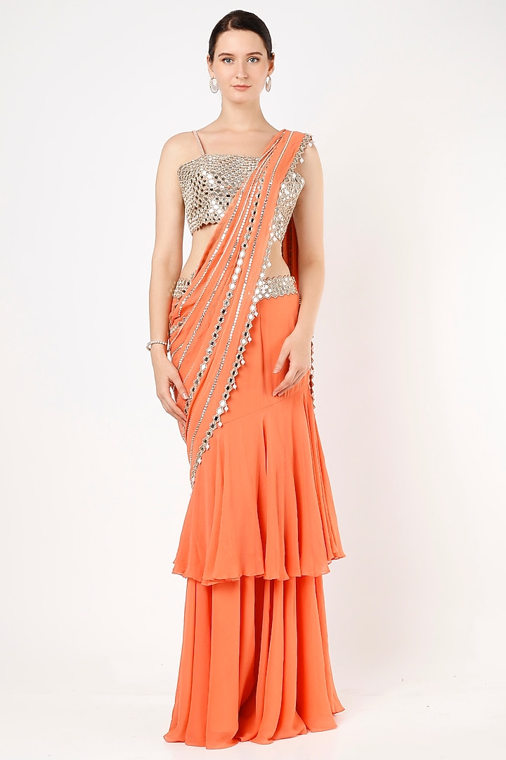 Orange Embroidered Ruffled Wedding Saree Set by Kresha Lulla at Pernia's Pop Up Shop