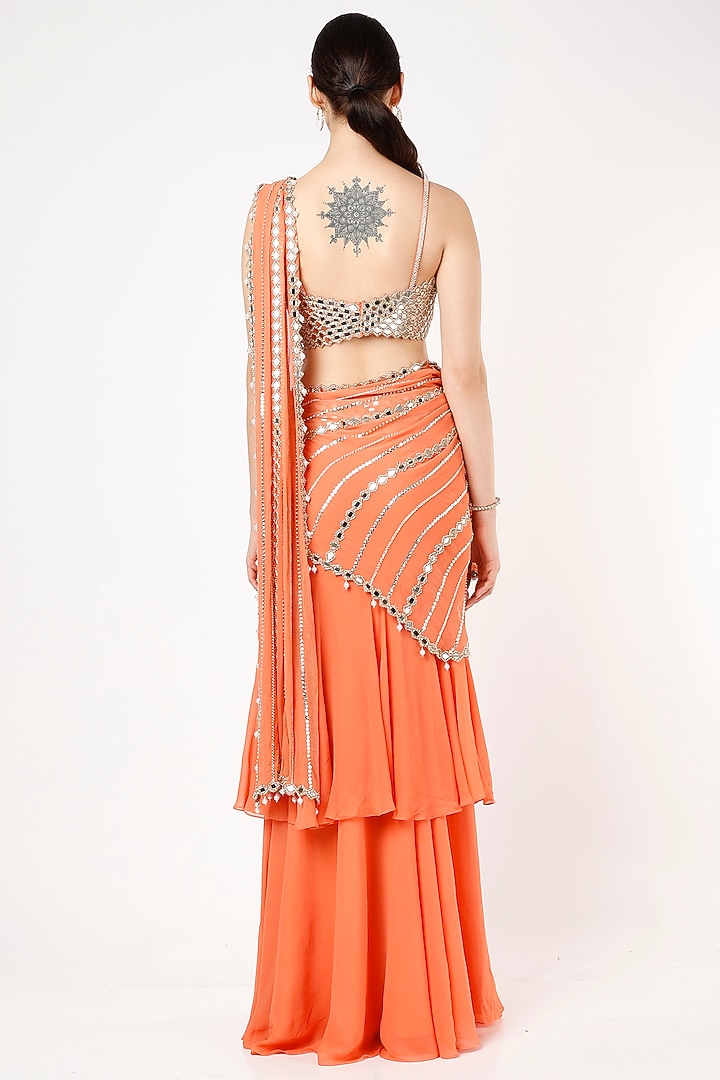 Orange Embroidered Ruffled Wedding Saree Set by Kresha Lulla at Pernia's Pop Up Shop
