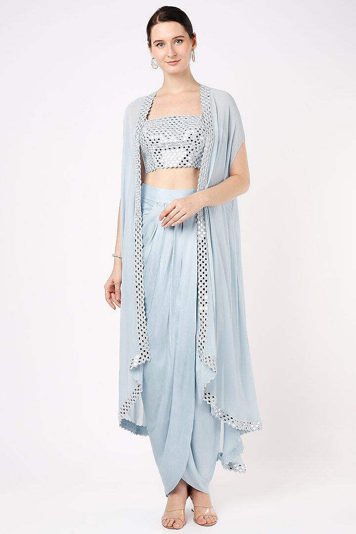 Powder Blue Embroidered Cape Set by Kresha Lulla at Pernia's Pop Up Shop